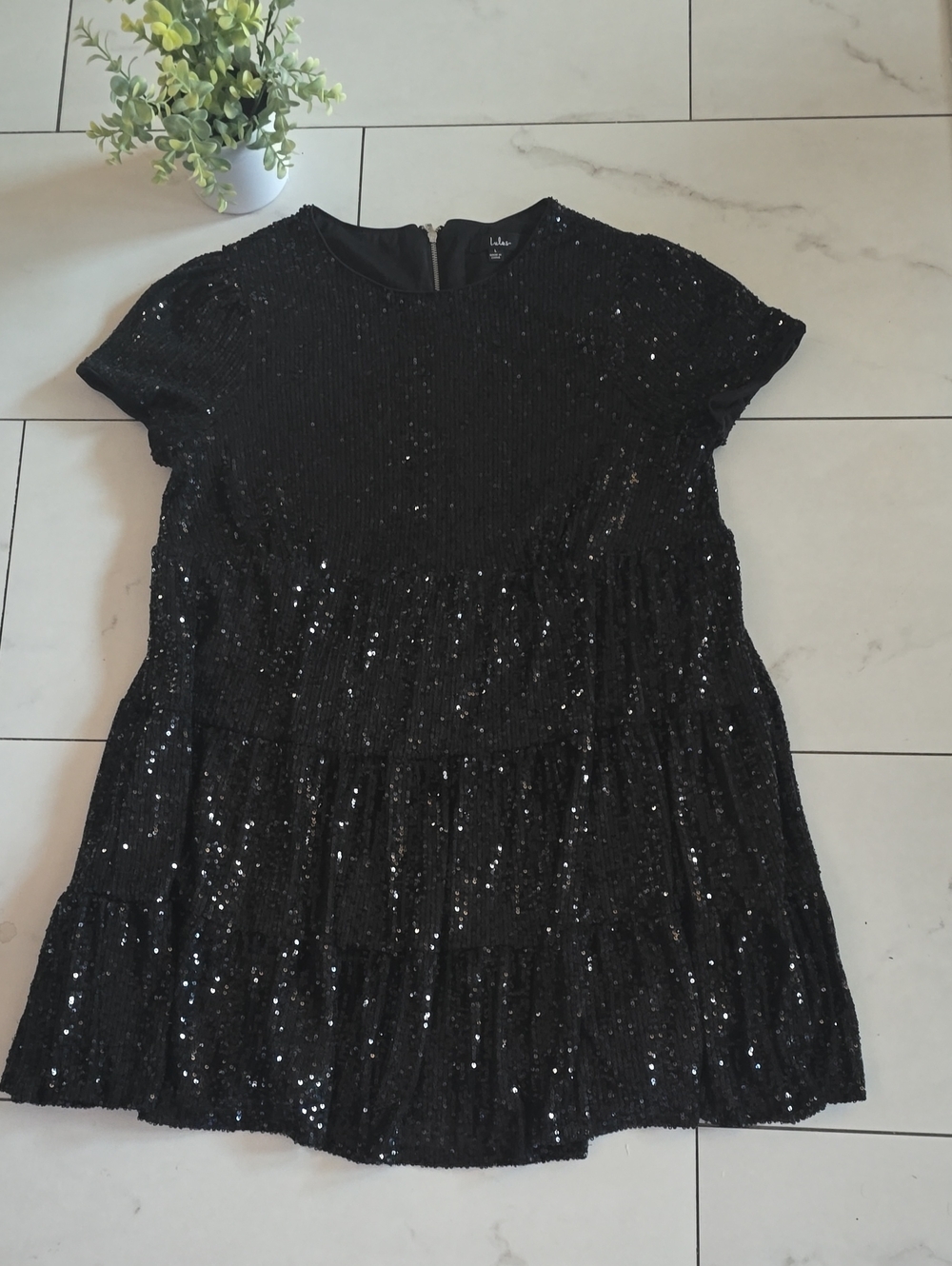 Lulu's Black Sequin Tiered Short Sleeve Kids Dress
